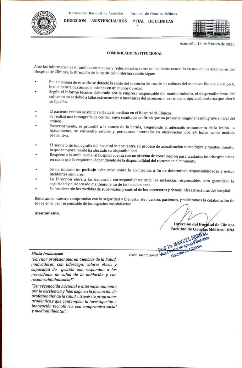 Comunicado emitido por el Hospital de Clínicas tras el desprendimiento del cielorraso de un ascensor que hirió a un bebé de tres meses.