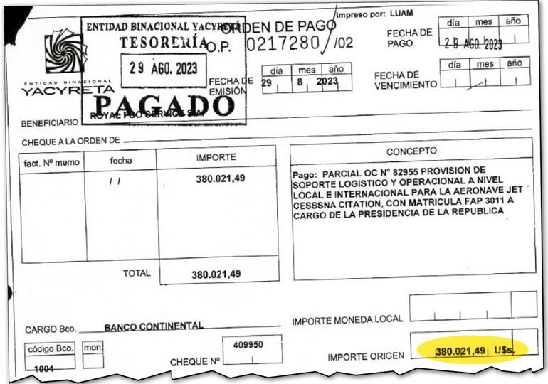 Orden de Pago de la Entidad Binacional Yacyretá (EBY) firmada el 29 de agosto de 2023, por US$ 380.021,49.