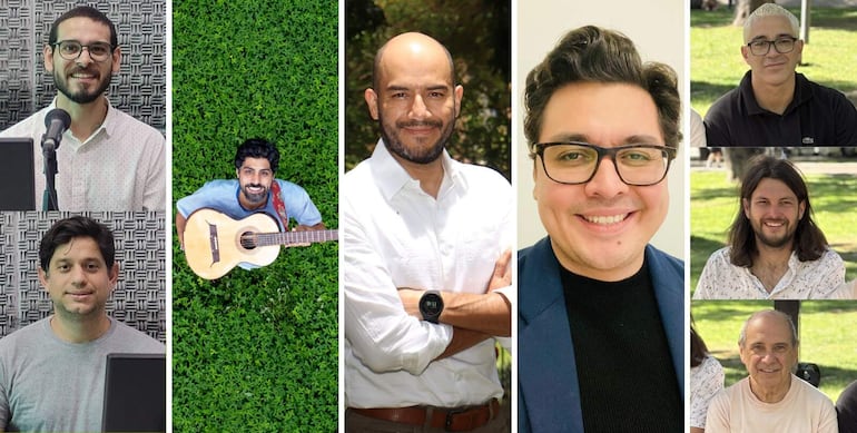 Los ganadores de las subvenciones de investigación y preservación de la música latina del 2024, de izquierda a derecha, Miguel Díaz y Nicolás Ramírez de Paraguay, Caio de Souza de Brasil, Manuel Sevilla de Colombia, Jorge Benavides de Honduras y Antonio Leguiza, Andrew Skinner y Daniel Zanessi. 