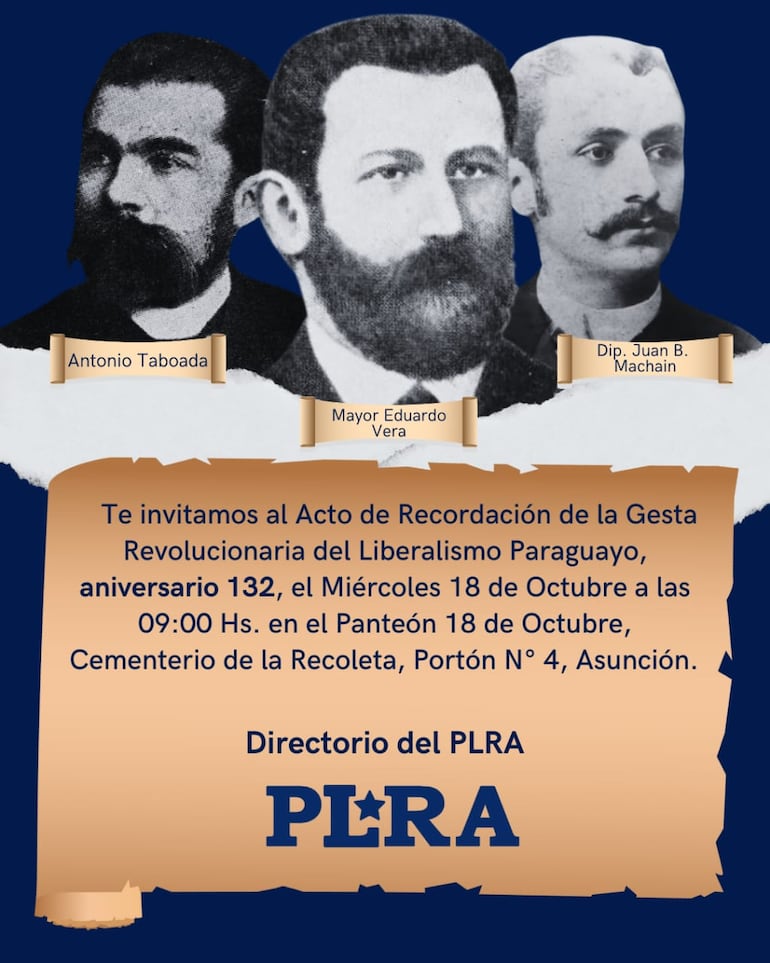 Invitación de la nueva Cúpula del PLRA al acto central por el 18 de Octubre.