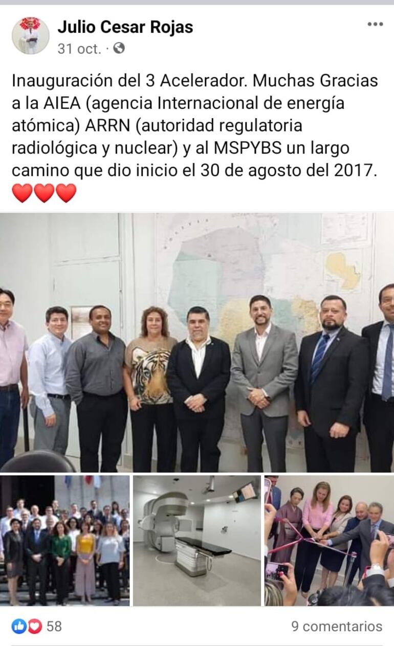 Publicación realizada el pasado 31 de octubre, donde se celebra la inauguración del tercer acelerador lineal o equipo de radioterapia.