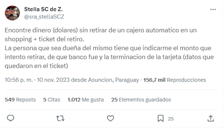 La publicación en la plataforma X sobre el caso de los dólares encontrados en el cajero automático.