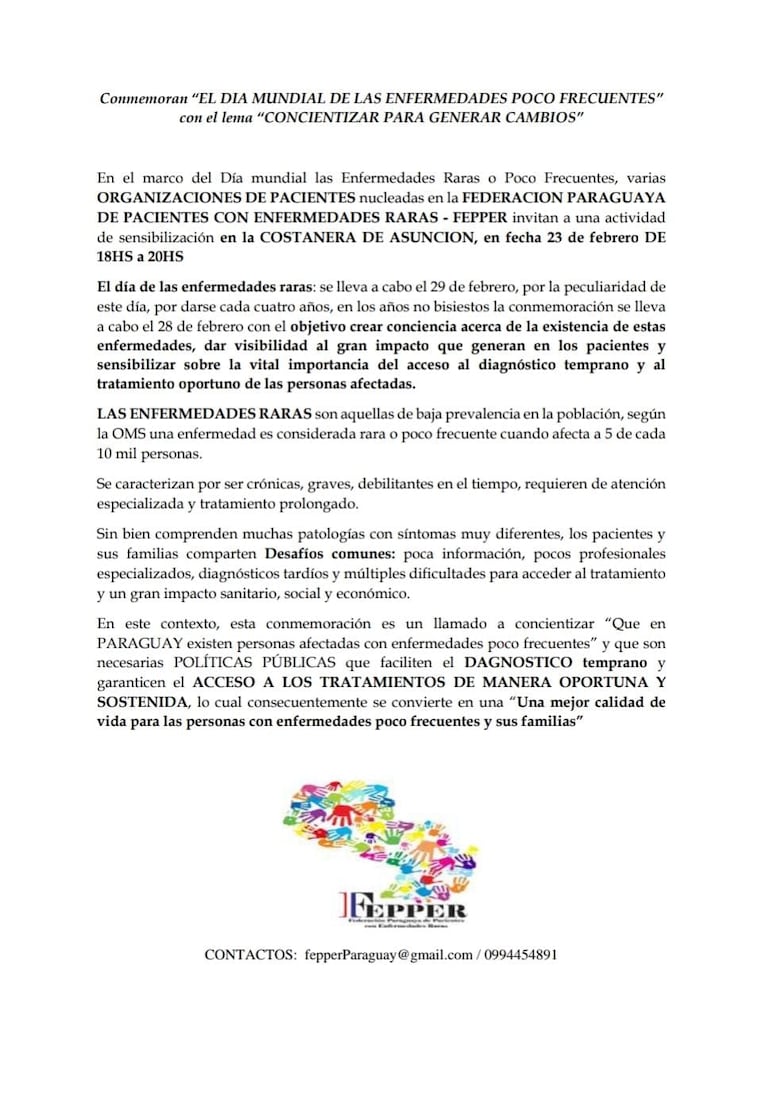 Comunicado emitido por la Federación Paraguaya de Pacientes con Enfermedades Raras (Fepper).