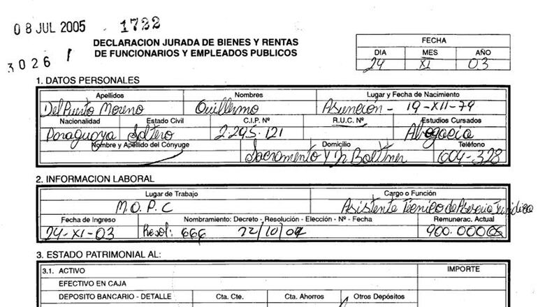 Modesta declaración  presentada por Del Puerto Moreno cuando era funcionario del MOPC.