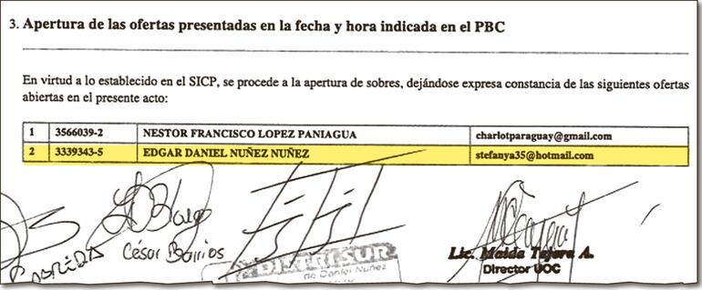 Documentación sobre las ofertas presentadas en el llamado de la Gobernación de Ñeembucú. Núñez  puja por uno de los lotes.