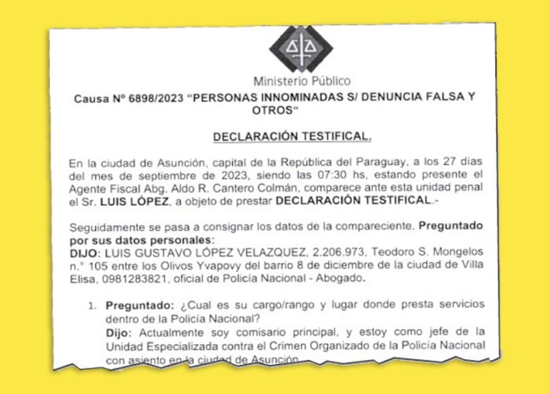 Parte de la declaración del comisario Luis López, fechada el 27 de septiembre de 2023 con la firma del fiscal Aldo Cantero.