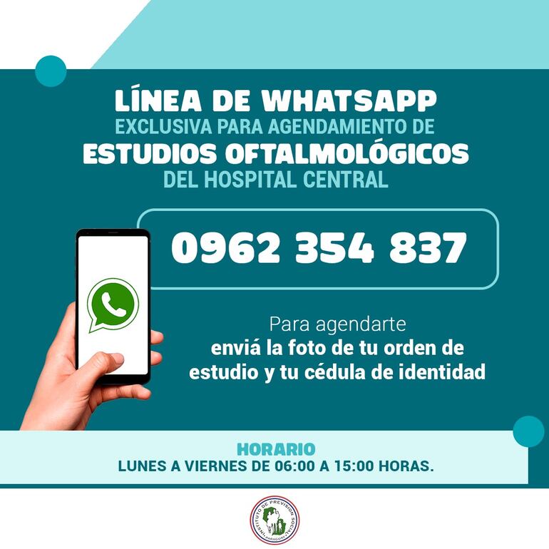 Anuncio realizado por el IPS sobre la habilitación de la exclusiva línea de WhatsApp para agendamiento de estudios de oftalmología.