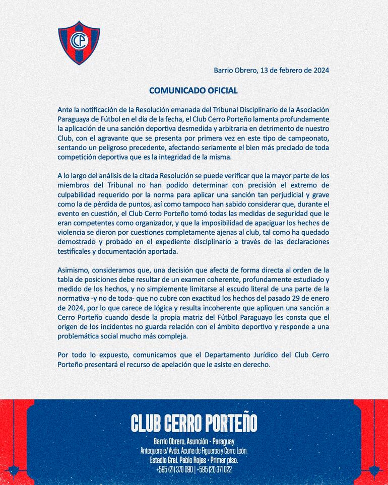 El comunicado de Cerro Porteño anunciando la apelación del Tribunal Disciplinario de la Asociación Paraguaya de Fútbol.