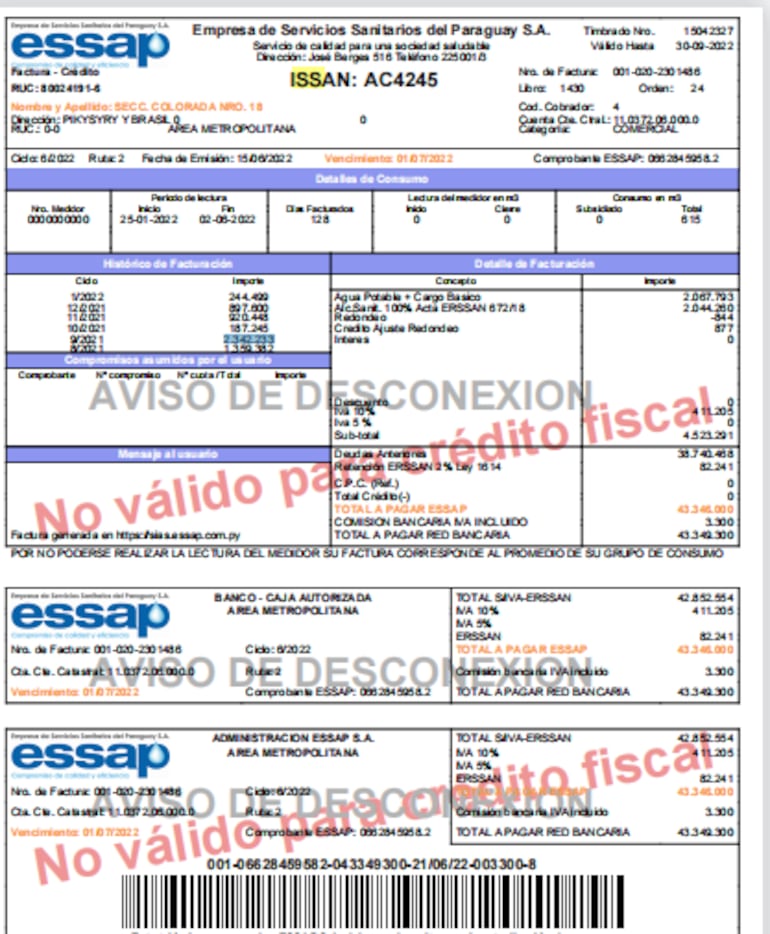 Factura de la Essap, correspondiente a la seccional colorada Nº 18. (gentileza).