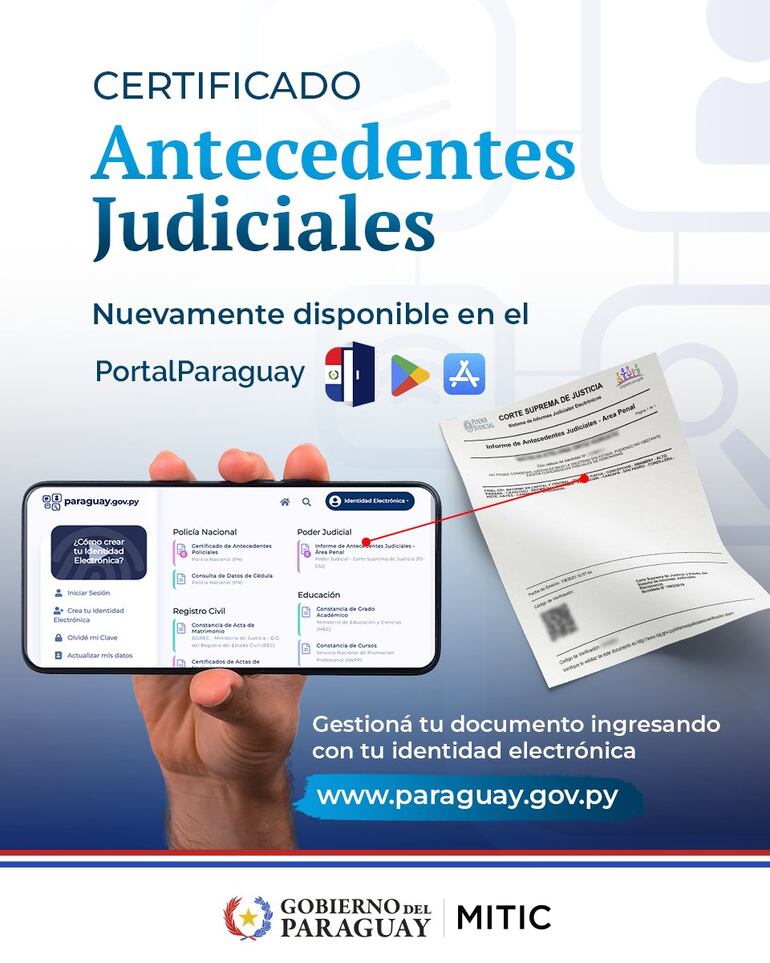 Antecedentes judiciales en formato digital mediante la plataforma Portal Paraguay.