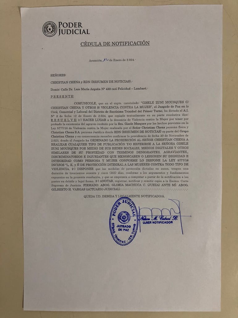 Nueva notificación de medidas cautelares contra Christian Chena. (Fuente: @christianchena)