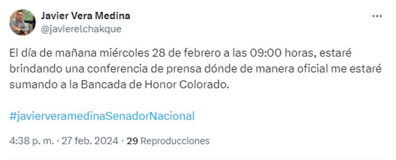 Tweet de Javier Vera Chaqueñito oficializando su pase a Honor Colorado.