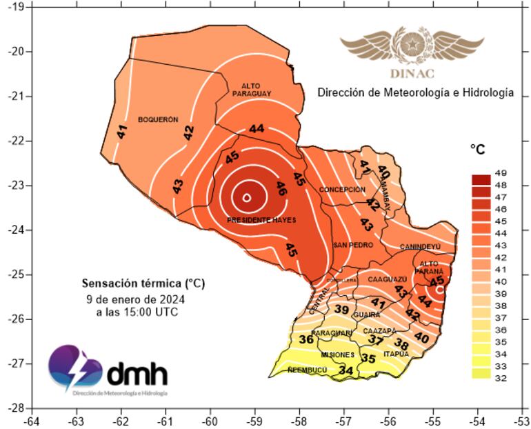 El Paraguay estuvo prácticamente en rojo (color designado para alta temperatura) por el calor extremo.