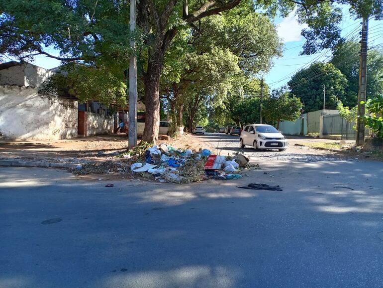 Esquina de Herminio Giménez y 33 Orientales, hoy, sin los lapachos florecidos, convertido en un vertedero más del barrio Bernardino Caballero.