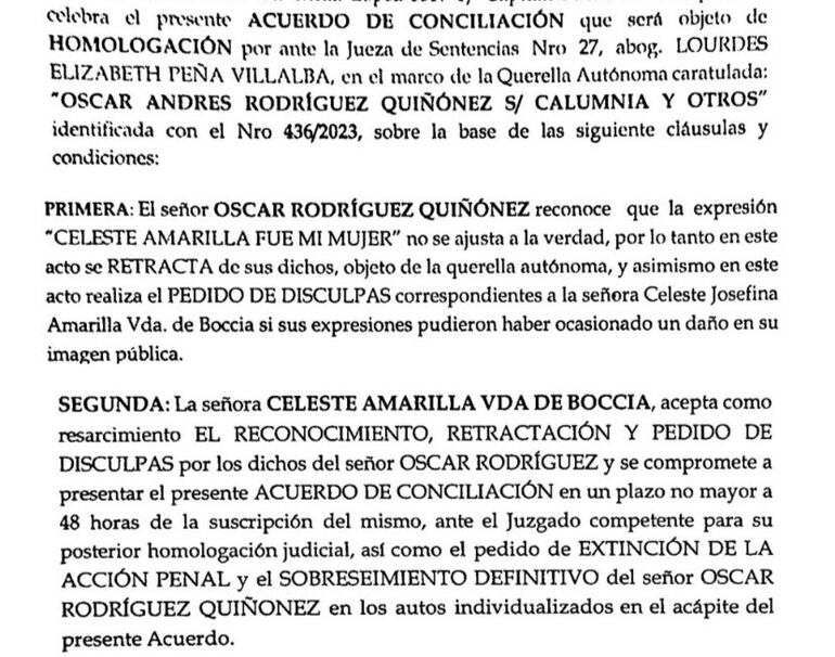 Parte del acuerdo de conciliación al que llegaron Celeste Amarilla y Óscar "Nenecho" Rodríguez.