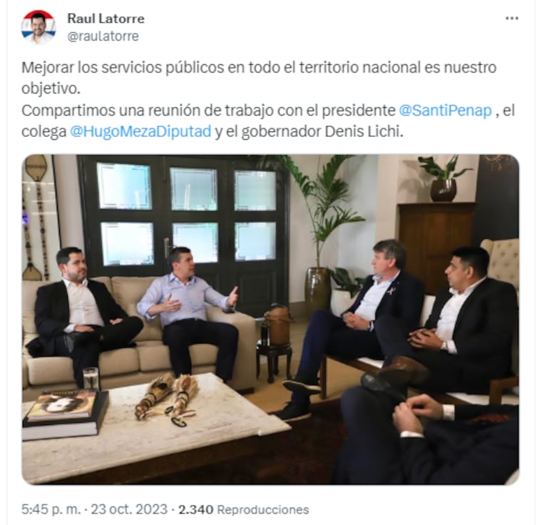 Raúl Latorre posteo que se reunió con Santiago Peña el 23 de octubre.