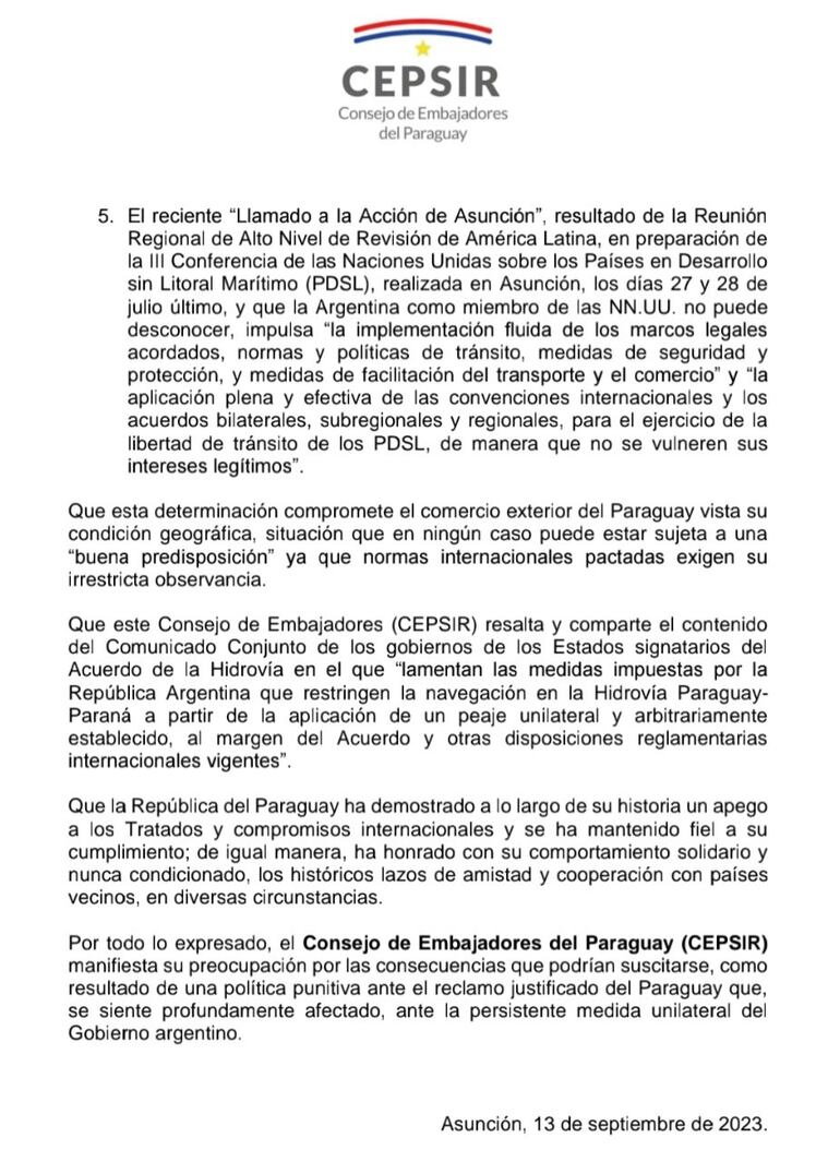 Segunda parte del comunicado del Consejo de Embajadores del Paraguay.