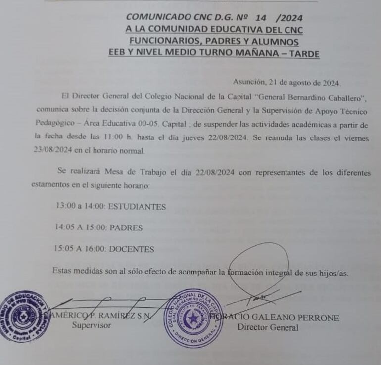 Comunicado de la dirección del CNC de la suspensión de las clases hasta hoy.