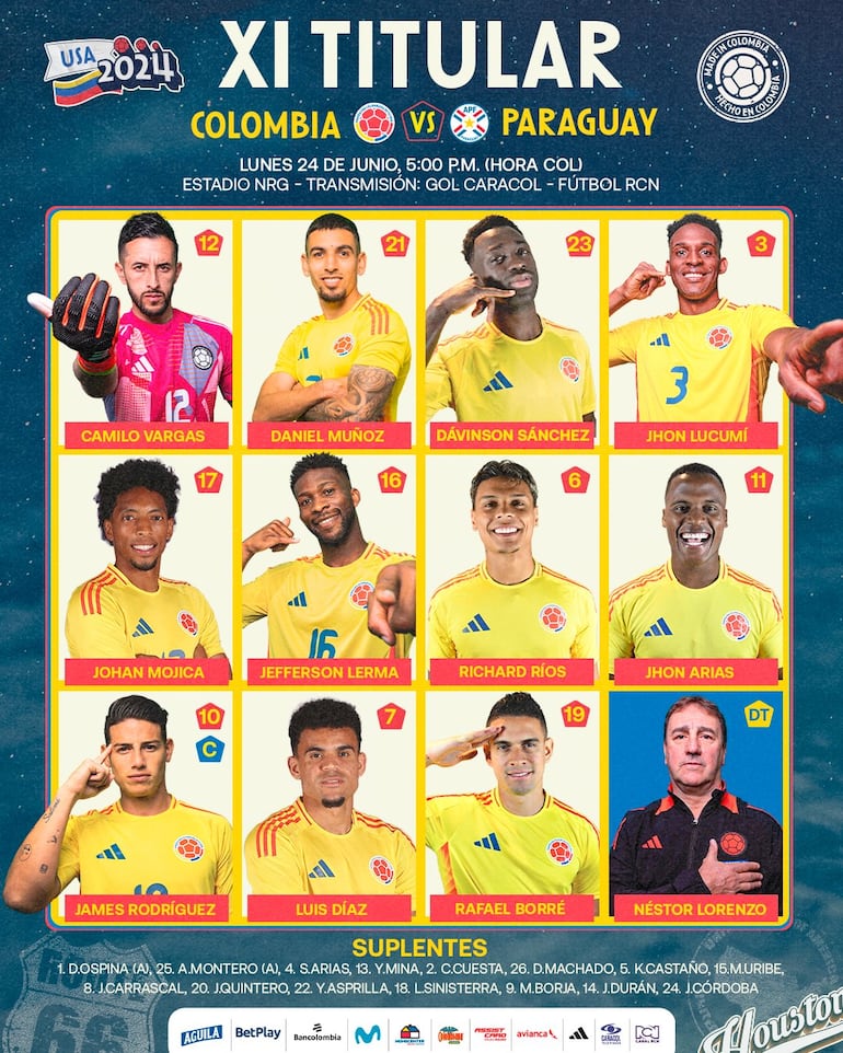 La formación de Colombia vs. Paraguay.