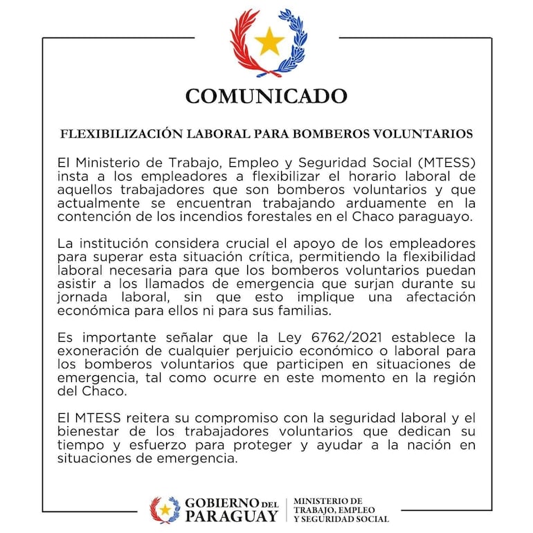 Comunicado emitido por el Ministerio de Trabajo.