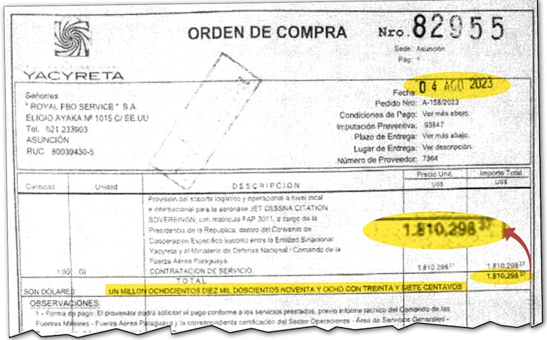 Orden de compra N° 82955 confeccionada por la EBY el 4 de agosto de 2023.