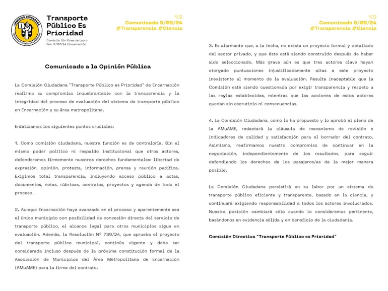 Comunicado de Asamblea Ciudadana "Transporte Público es Prioridad".