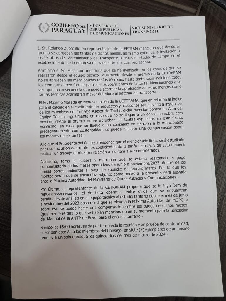 Parte del acta del Consejo Asesor de la Tarifa Técnica en el cual consta la disconformidad del precio del pasaje expresado por Cetrapam y Ucetrama.