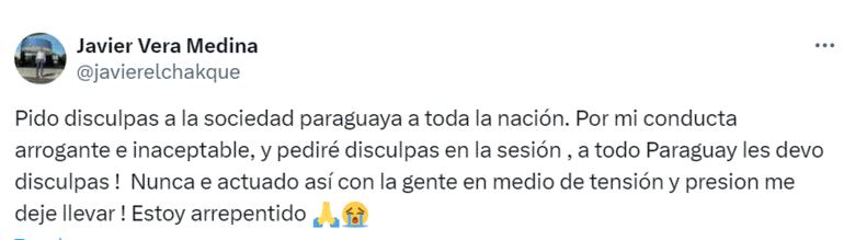 El mensaje del senador Javier "Vera" alias "Chaqueñito", con errores gramaticales.