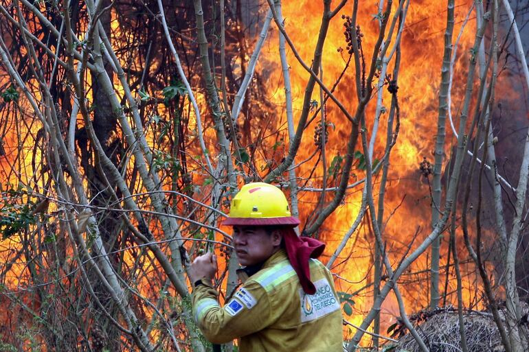 Un bombero trabaja apagando un incendio en la comunidad de Palestina (Bolivia).