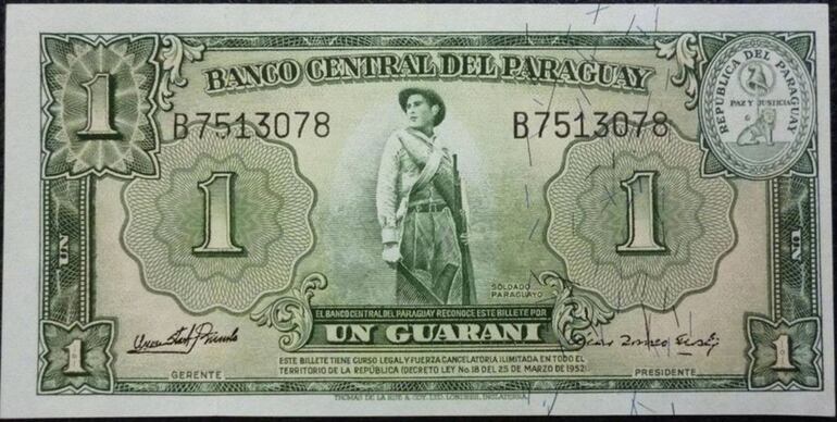 Billete de un guaraní de la serie de 1952 con la imagen del soldado paraguayo basada en la fotografía de Adolfo Friedrich.