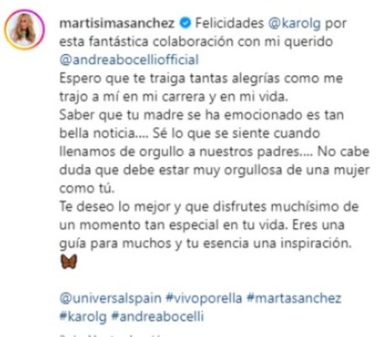 Posteo de Marta Sánchez reaccionando a la nueva versión de "Vivo por Ella" que Andrea Bocelli canta con Karol G.