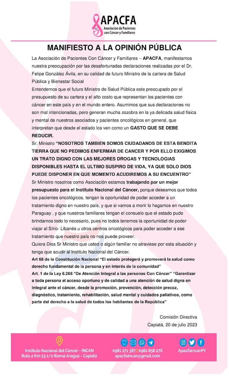 Comunicado de la Asociación de Pacientes con Cáncer y Familiares.