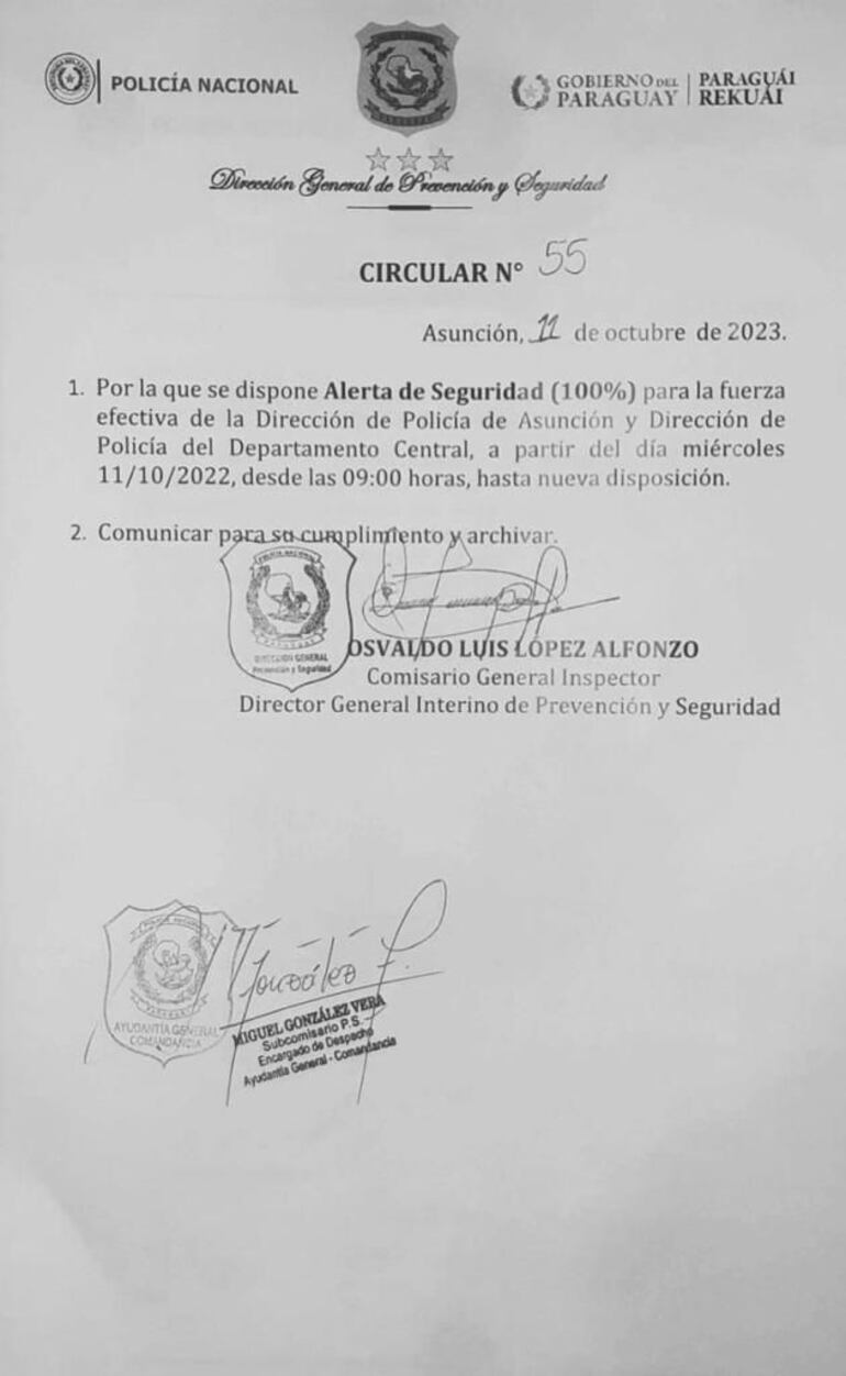 Circular donde se comunica la alerta de seguridad al 100% en la Policía Nacional.