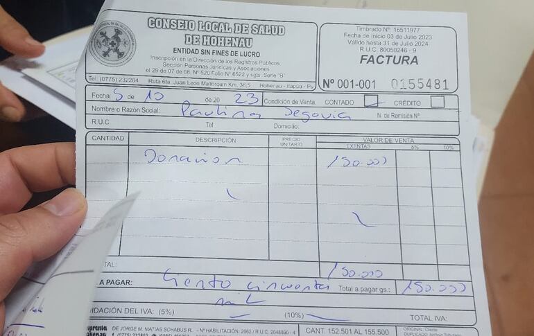 Boleta expedida por el CLS en el que supuestamente se maquillan como "donación" los pagos a que obligan a los pacientes.