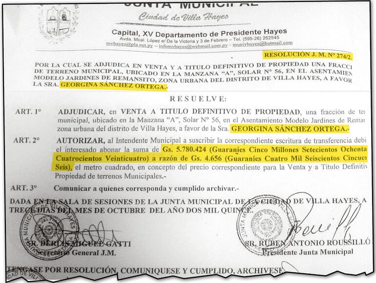 La resolución N° 274/2015 por la cual se adjudica a Georgina Sánchez.