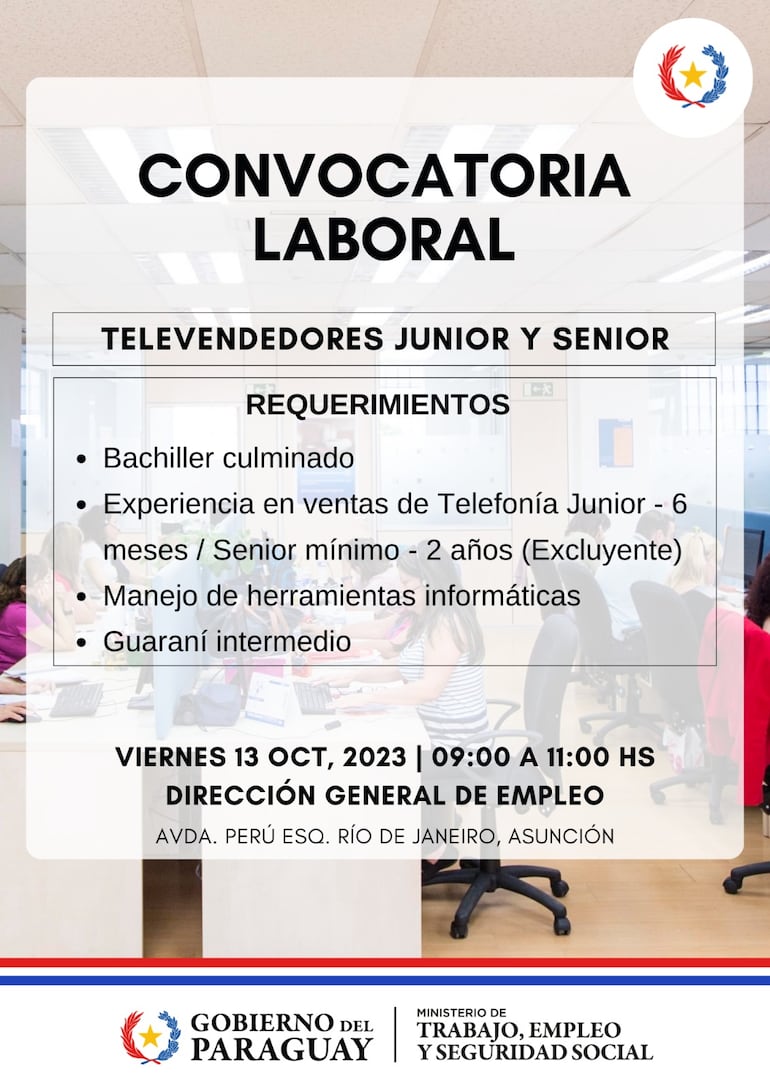 Oportunidad laboral en Asunción para televendedores.