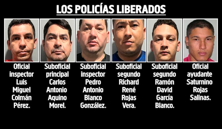 Oficial inspector Luis Miguel Colmán Pérez (36), suboficial principal Carlos Antonio Aquino Morel (48), suboficial inspector Pedro Antonio Blanco González (35), suboficial segundo Richard René Rojas Vera (27), suboficial segundo Ramón David García Blanco (28) y oficial ayudante Saturnino Rojas Salinas (29).