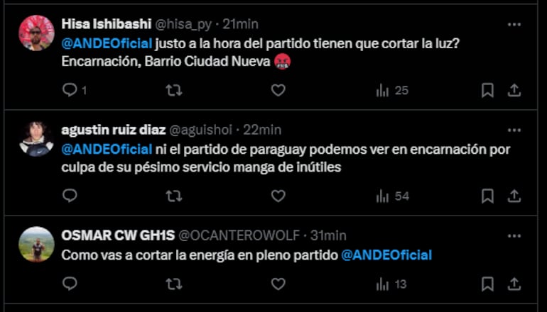 Tweet contra la ANDE por corte de luz durante el partido.