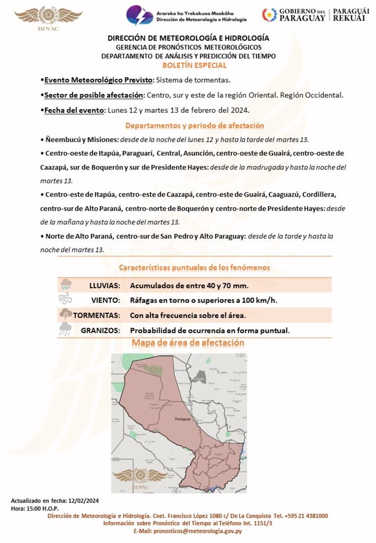 Boletín especial de llegada de lluvias y tormentas para el lunes 12 y martes 13 de febrero.