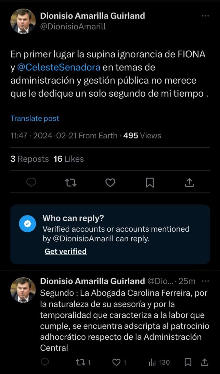 Tweet del senador Dionisio Amarilla en el que tirotea contra Celeste Amarilla y Fiona Aquino y justifica situación de Carolina Ferreira en caso por el que se habla de su posible pérdida de investidura.