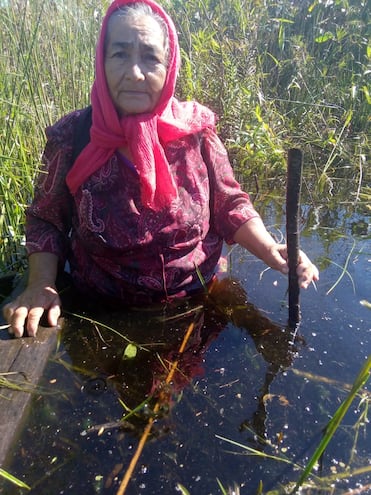 Doña Asunción Portillo, pobladora de Potrero González, camina por el agua para salir hasta la ruta principal para buscar alimentos.