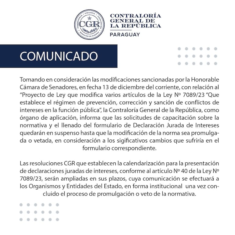 Comunicado de la Contraloría General de la República sobre Ley de conflicto de intereses.