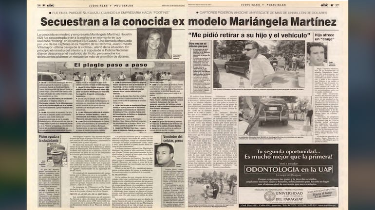 Publicación de ABC Color del 26 de marzo de 2003, sobre el secuestro de la exmodelo Mariángela Martínez, perpetrado por la banda del ahora liberado Néstor Horacio Barczuk.