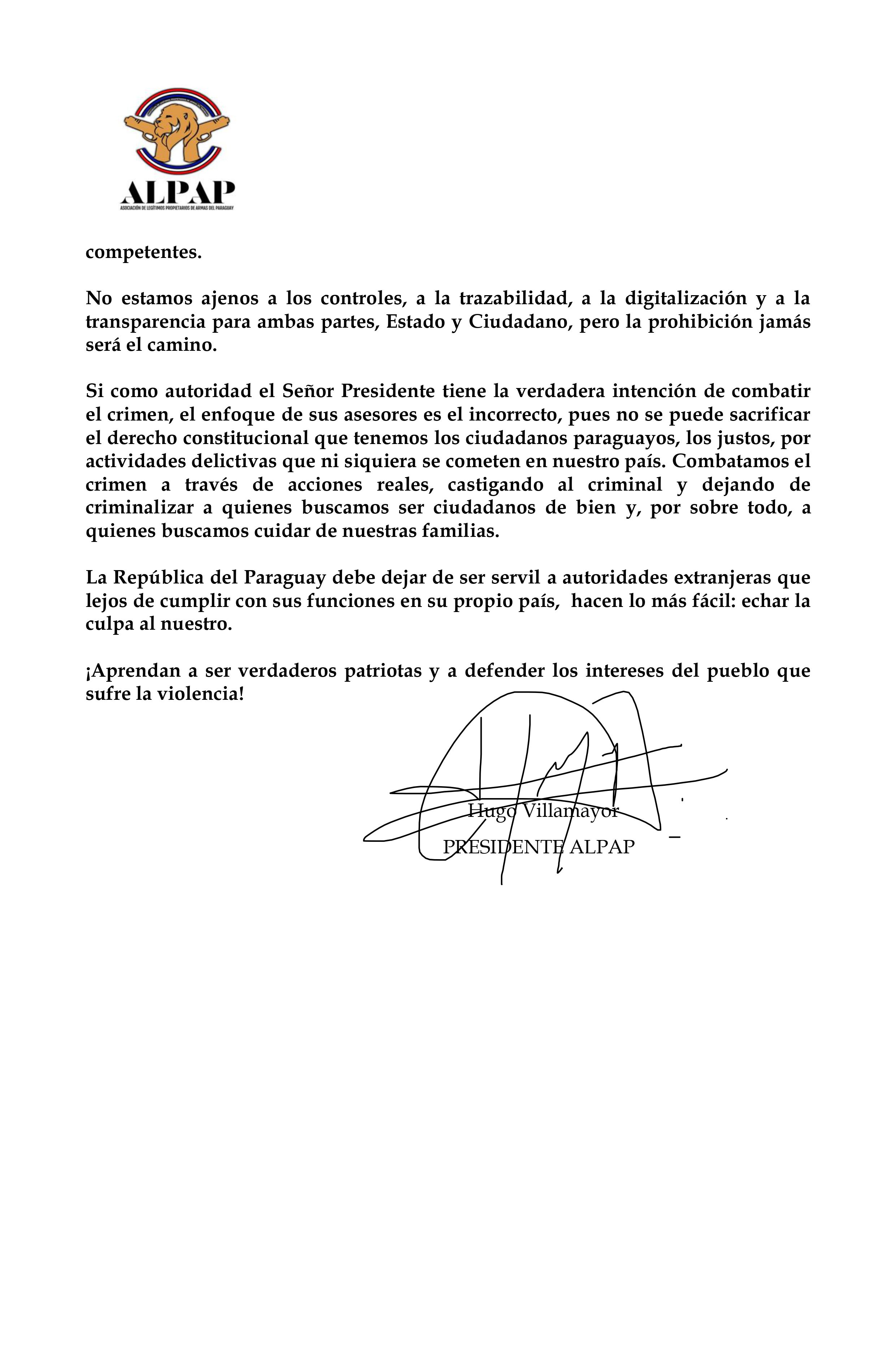 Comunicado de la Asociación de Legítimos Propietarios de Armas del Paraguay, expresando su preocupación ante la política desarmamentista del presidente de la República, Santiago Peña, quien prohibió importación de armas.